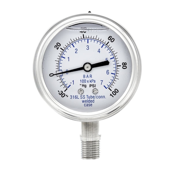 Pro 2 1/2 in Dial, 30 in Hg Vac/0/100 PSI & Bar, 1/4 in NPT, Lower Mount Glycerin Filled Pressure Gauge PRO-301L-254CE-01 - main